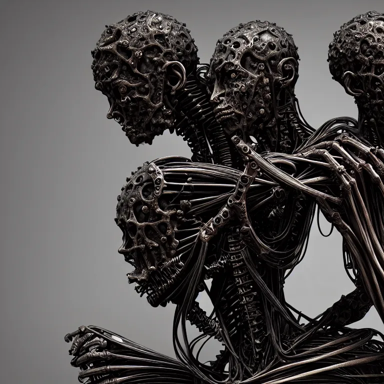 Prompt: dark biomechanical ribbed religious sculpture statue of two male cyborgs in love, in pain, suffering, baroque painting, beautiful detailed intricate insanely detailed octane render, organic 8K artistic photography, photorealistic, chiaroscuro, Raphael, Caravaggio, Giger, Beksinski, black background