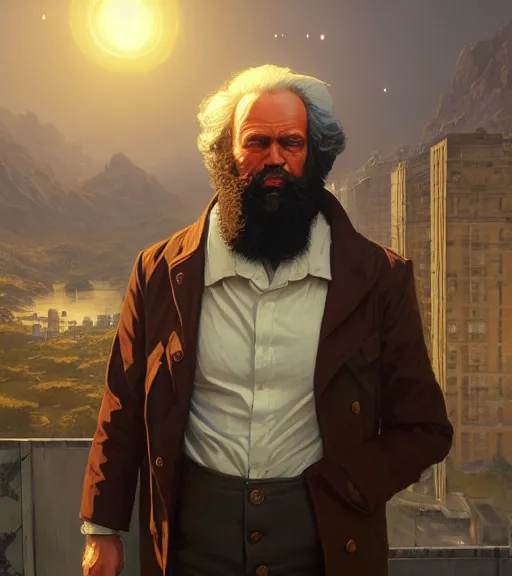 Image similar to highly detailed portrait giga chad karl marx in gta v, stephen bliss, unreal engine, fantasy art by greg rutkowski, loish, rhads, ferdinand knab, makoto shinkai and lois van baarle, ilya kuvshinov, rossdraws, tom bagshaw, global illumination, radiant light, detailed and intricate environment