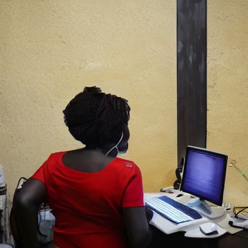 Image similar to A Kenyan businesswoman playing CS:GO on her computer, over the shoulder view