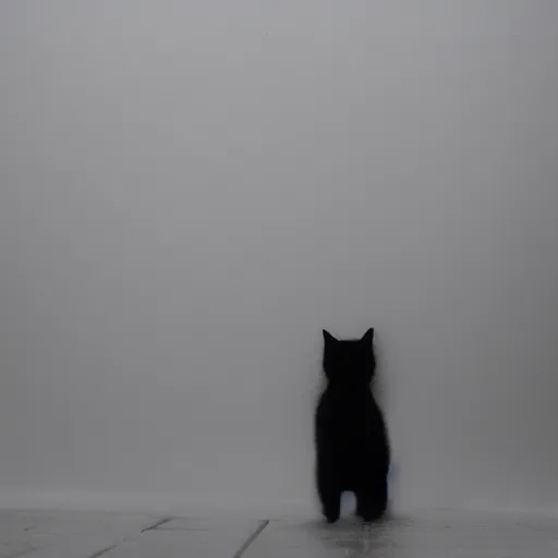 Image similar to a dark vallcy with a huge gloomy castle, fog. a little boy and a black cat