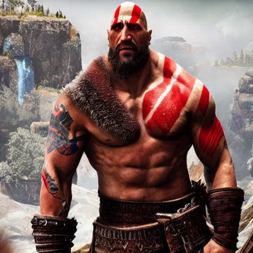 Image similar to dwayne johnson as kratos from god of war, detailed, unreal engine 5