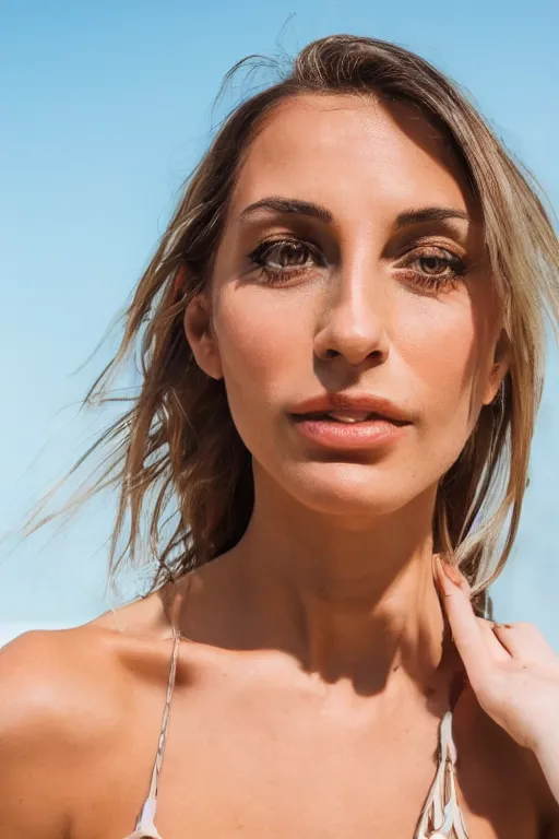 Image similar to olive skinned female model in her thirties, wearing sundress, looking content, focused on her neck, photo realistic, extreme detail skin, natural beauty, no filter, slr, golden hour, 4 k, high definition, selfie