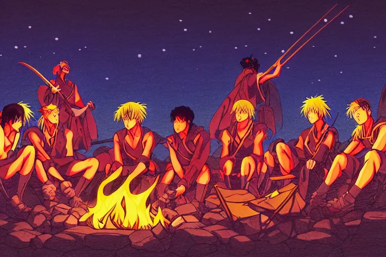 Prompt: cel shaded study of a group of anime warriors sitting around a campfire at night, key visual with intricate linework, in the style of moebius, ayami kojima, 9 0's anime, retro fantasy