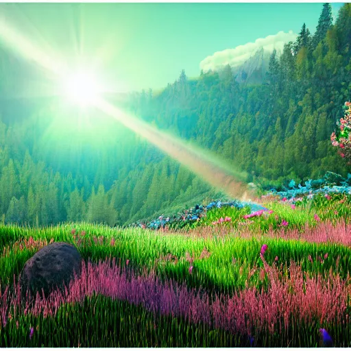 Image similar to mountain landscape in spring, flowers, teal landscape, dreamy light, sunny, floating particles, complementary palette, by and jacek yerga and jesse king, pop surrealist, wiccan, unreal engine, bokeh, detailed