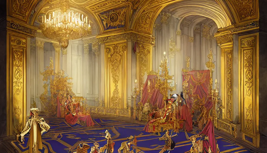 Image similar to the imperial throne room in the palace of versailles of god emperor napoleon bonaparte, napoleon on the throne, dieselpunk, french baroque, rococo, napoleonic, science fiction, steampunk, sharp, concept art watercolor illustration by mandy jurgens and alphonse mucha, dynamic lighting