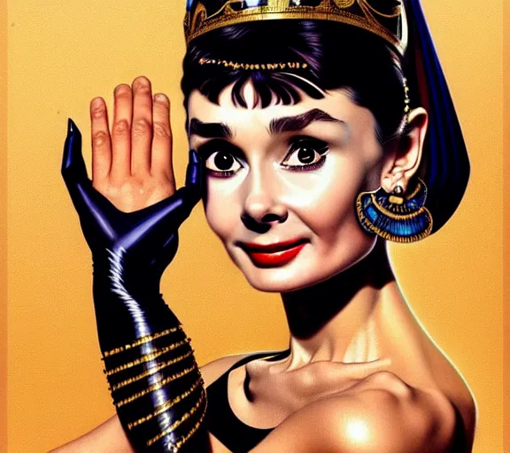 Prompt: photography audrey hepburn with hands - up and hairy armpits, dressed like cleopatra, deep focus, intricate, elegant, highly detailed, digital painting, artstation, concept art, matte, sharp focus, illustration, art by artgerm and greg rutkowski and alphonse mucha and gil elvgren