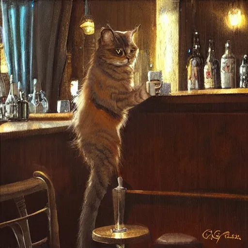 Image similar to of a british longhair cat sitting at the bar next to a beer, by greg rutkowski