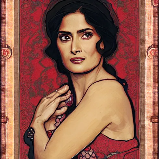 Image similar to salma hayek portrait, mucha style