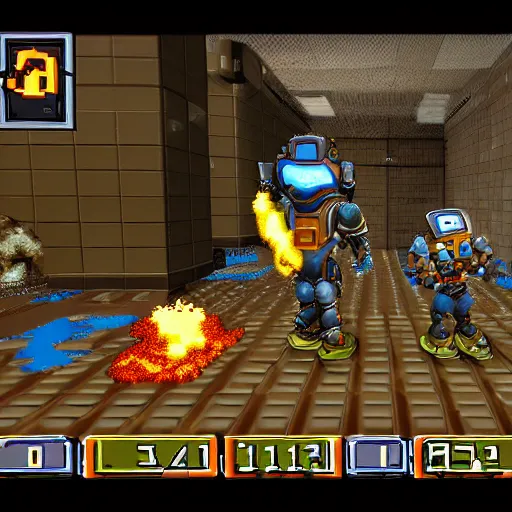 Image similar to ratchet & clank in the style of DOOM 1993 Game, pixelated graphics, FPS