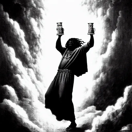 Image similar to chief keef ascending into heaven holding cup of lean and blunt, biblical image, style of gustave dore, highly detailed, beautiful, high contrast, black and white