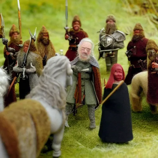 Image similar to needle felted king theoden from the return of the king (2003) giving a speech to the riders of rohan, highly detailed, dslr, tilt shift, eerie, hyperrealism, highly textured, god rays