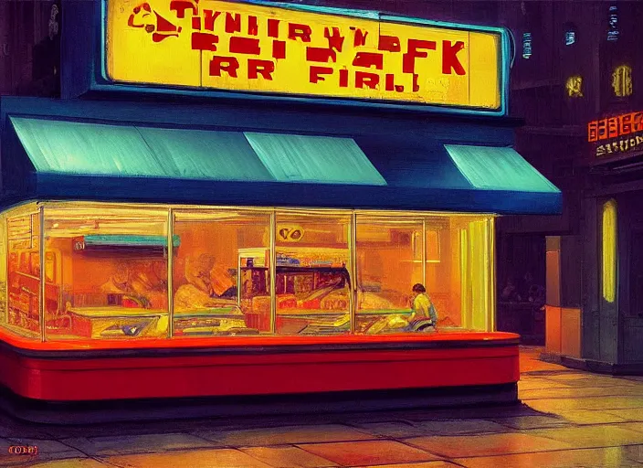 Image similar to the only open cyberpunk blade runner fast food stand in the cyberpunk city during a melancholy rainy night by edward hopper