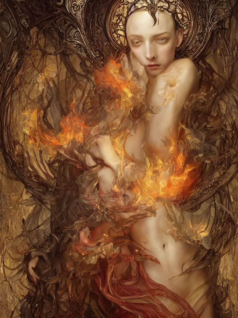 Prompt: breathtaking detailed soft painting of elesh norn angel, gauze dress of fireflies and art nouveau crowns of embers, rembrandt style, detailed art nouveau stained glass of flames background, christian saint rosace, elegant, highly detailed, artstation, concept art, matte, sharp focus, art by Tom Bagshaw, Artgerm and Greg Rutkowski