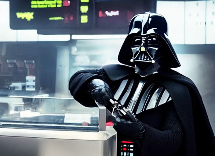 Prompt: film still of Darth Vader working at McDonalds in the new Star Wars movie, 4k