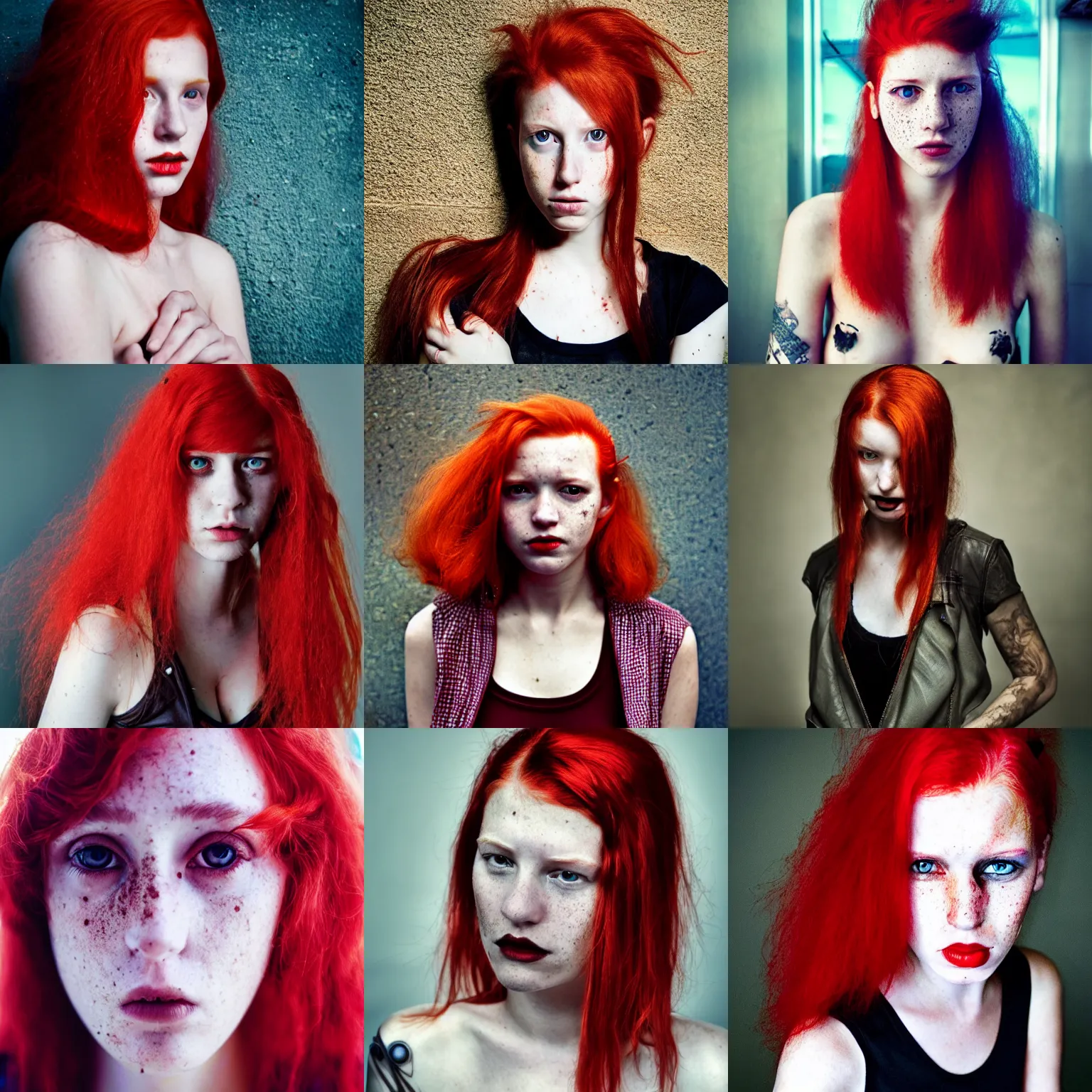 Prompt: photo of a twenty year old woman in cyberpunk fashion taken by annie leibovitz, red hair, freckles