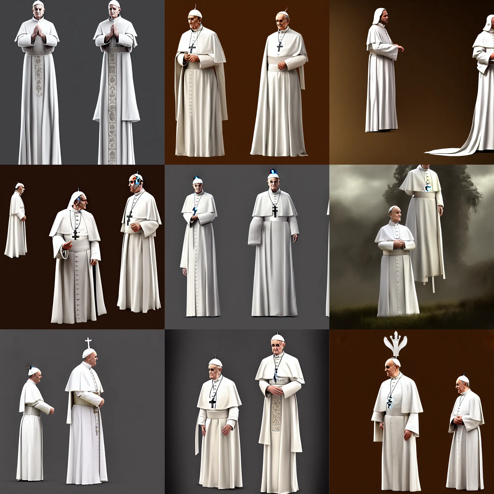 Prompt: a mean clothed like a pope, wearing a long white dress standing. he is wearing a poe tiara, photorealistic, detailed cloth, concept art, matte painting