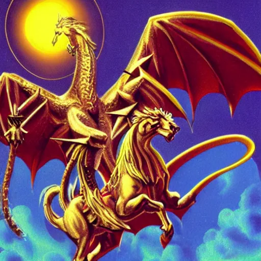 Prompt: album art for an 1980's glam rock band with a Pegasus ad a dragon, concept art