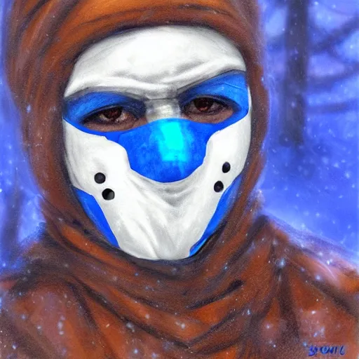 Image similar to bandit from ‘ icewind dale ’ and with a blue mask lined with copper, ‘ icewind dale 2 ’ portrait by ‘ justin sweet ’, pretty face, falling snow, soft focus, oil paint,