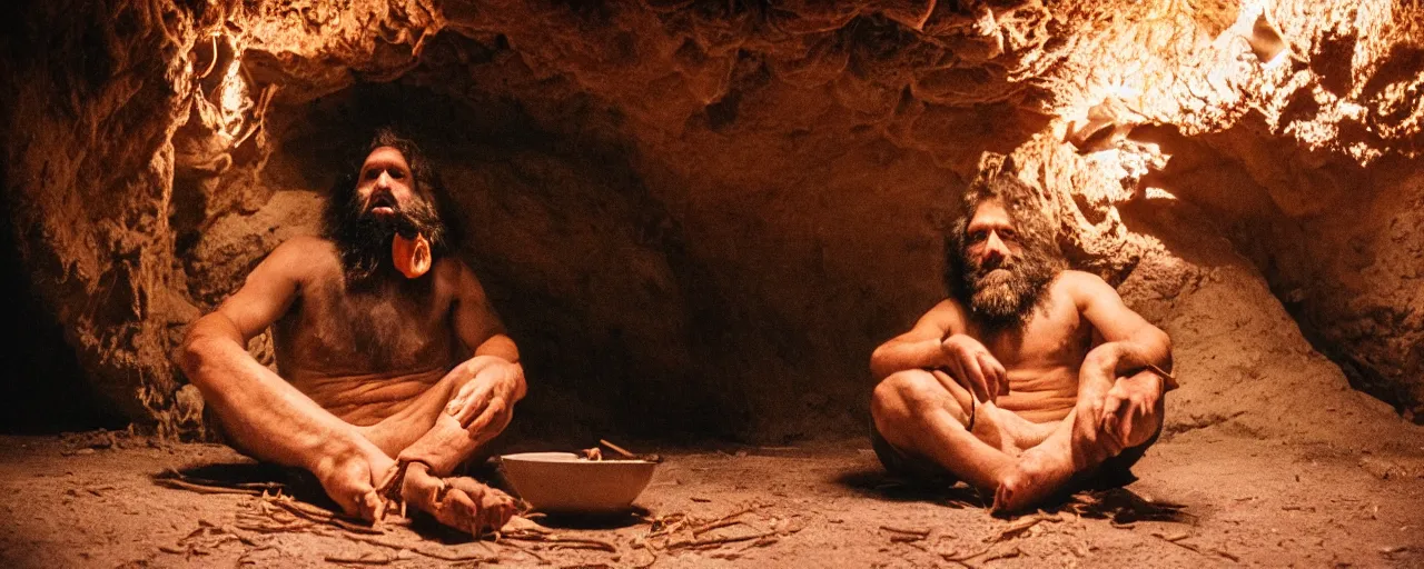 Prompt: a caveman sitting alone next to giant mound of spaghetti, fire in a cave at night, canon 5 0 mm, facial expression, cinematic lighting, photography, retro, film, kodachrome