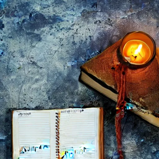 Image similar to very old and dusty diary book, covered with spider webs, nostalgic scene, candle light, warm light