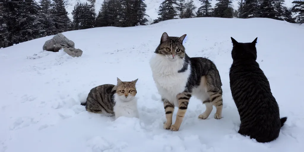 Image similar to a dog and a cat in the top of a snow mountain
