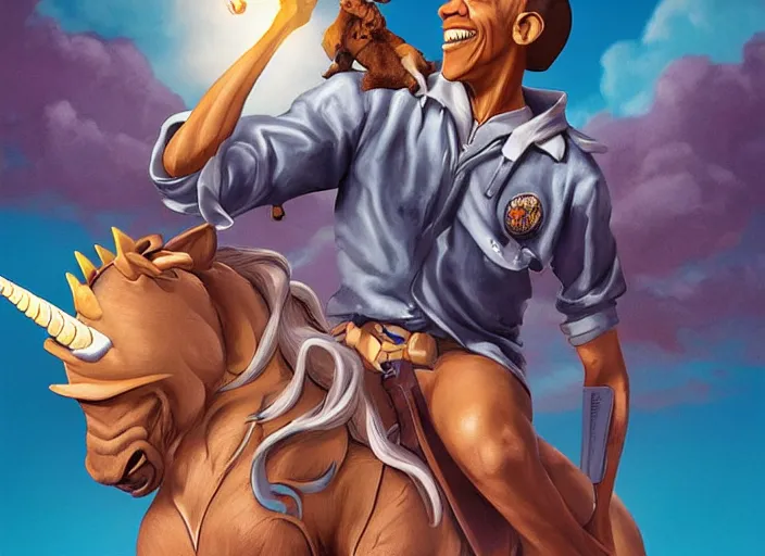 Image similar to obama riding an unicorn, pixar style, by tristan eaton stanley artgerm and tom bagshaw.