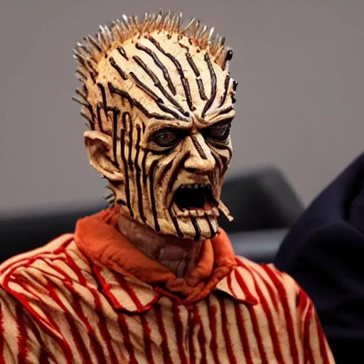 Image similar to beavis freddy krueger pinhead testifying in court, detailed faces