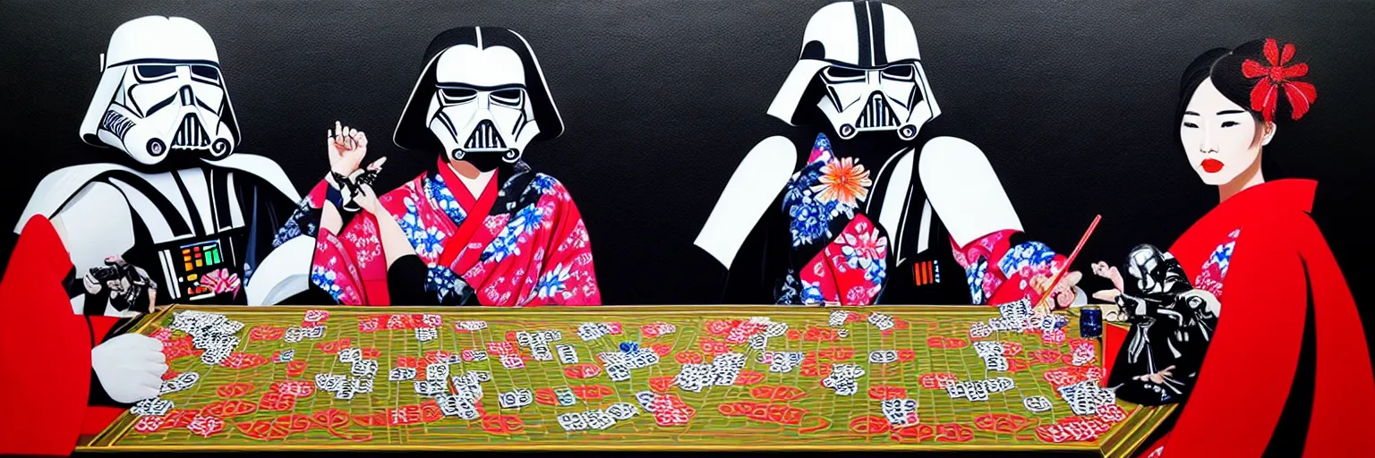 Image similar to hyperrealism composition of the detailed woman in a japanese kimono sitting at an extremely detailed poker table with darth vader and stormtrooper, fireworks on the background, pop - art style, jacky tsai style, andy warhol style, acrylic on canvas