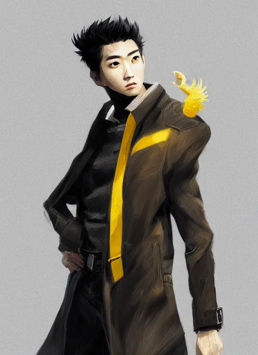 Image similar to a highly detailed illustration of young attractive japanese guy wearing black detective coat, yellow eyes, dramatic standing pose, hyperdetailed perfect face, perfect eyes, intricate, elegant, highly detailed, centered, digital painting, artstation, concept art, smooth, sharp focus, league of legends concept art, wlop.