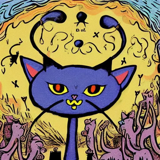 Image similar to a demon cat with a pitchfork in his paws and a crown looks at paradise, where cats circle round dances