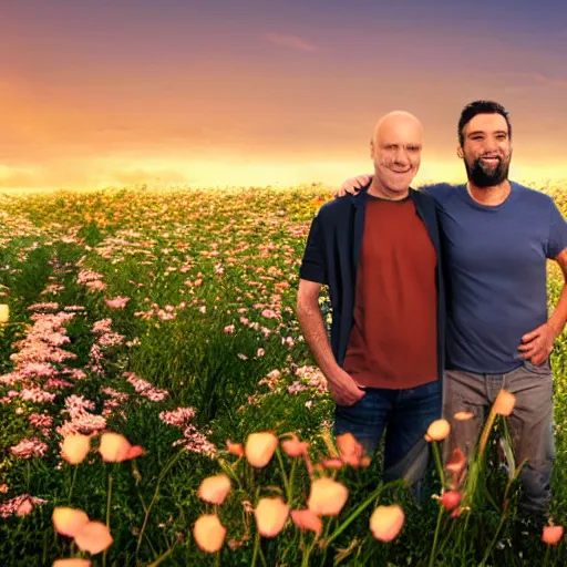 Image similar to a man is white and balding, and middle aged, and the other man is latino and skinny, together in a field of flowers at sunset, realistic, intricate, 4k