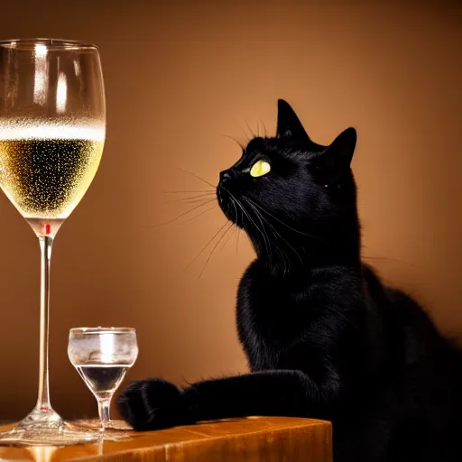 Image similar to a photo of a black cat drinking expensive champagne in a fancy dark bar, mood lighting, underexposed, f 1. 8, iso 1 6 0 0