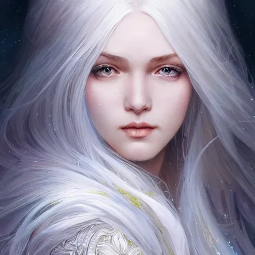 Prompt: girl with super long hair, hair becoming white snow, intricate, highly detailed, digital painting, artstation, concept art, smooth, sharp focus, illustration, unreal engine 5, 8 k, art by artgerm and greg rutkowski and alphonse mucha
