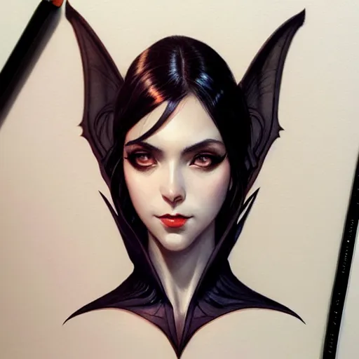 Image similar to 3 / 4 view of a portrait of bat woman with bat wings, confident pose, pixie, genshin impact,, intricate, elegant, sharp focus, illustration, highly detailed, concept art, matte, trending on artstation, anime, art by wlop and artgerm and greg rutkowski, marvel comics h 6 4 0