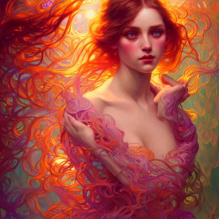 Image similar to bright psychedelic 4th dimension, diffuse lighting, fantasy, intricate, elegant, highly detailed, lifelike, photorealistic, digital painting, artstation, illustration, concept art, smooth, sharp focus, art by John Collier and Albert Aublet and Krenz Cushart and Artem Demura and Alphonse Mucha