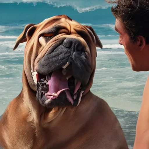 Prompt: a comedy movie for bull mastiff about surfing