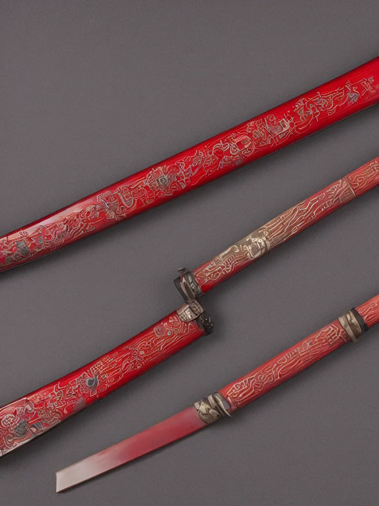 Prompt: a katana with a square tsuba sheathed inside a crimson colored scabbard, hyperdetailed