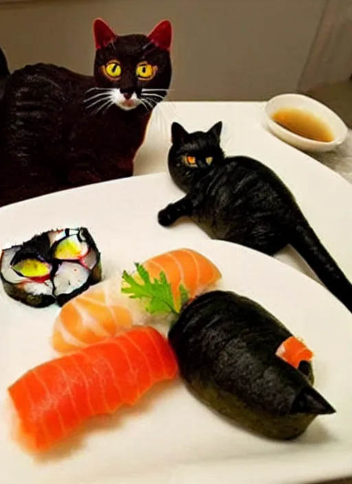 Image similar to clear photorealistic picture of adorable cats made out of sushi