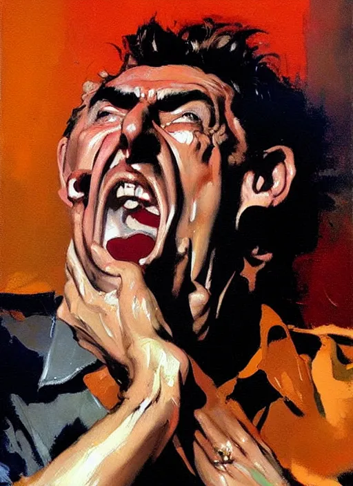 Prompt: 'kramer!! michael richards holding microphone screaming, pointing, enraged, painting by phil hale, 'action lines'!!!, graphic style, visible brushstrokes, motion blur, blurry
