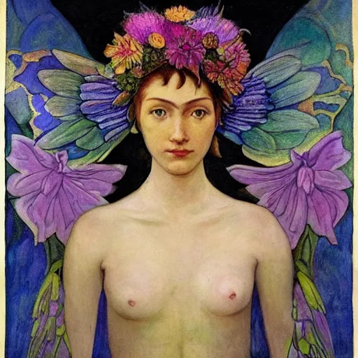Prompt: the flower crown, by Annie Swynnerton and Nicholas Roerich and Diego Rivera, bioluminescent skin, tattoos, wings made out of flowers, elaborate costume, geometric ornament, symbolist, cool colors like blue and green and violet, smooth, sharp focus, extremely detailed