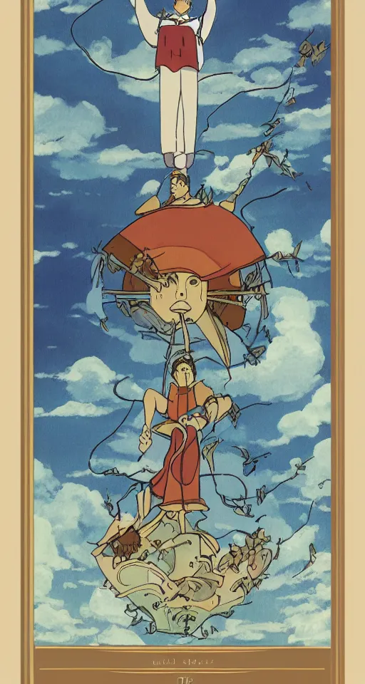 Prompt: the magician tarot card as drawn by studio ghibli, whole card, white frame, concept art, zoom out