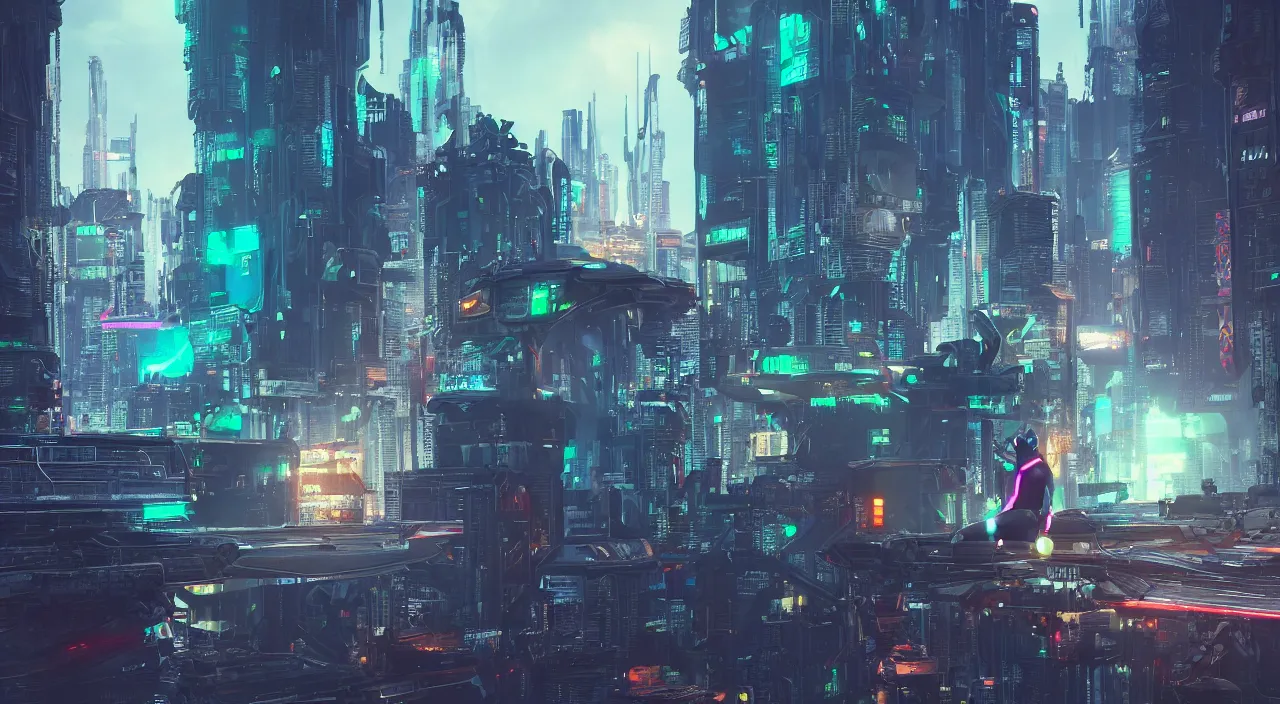 Image similar to A futuristic cyborg cat sits on the edge of a wall looking out over a cyberpunk city, unreal engine, art station, octane render, grunge, neon lights, flying cars, robots, laser, 8k