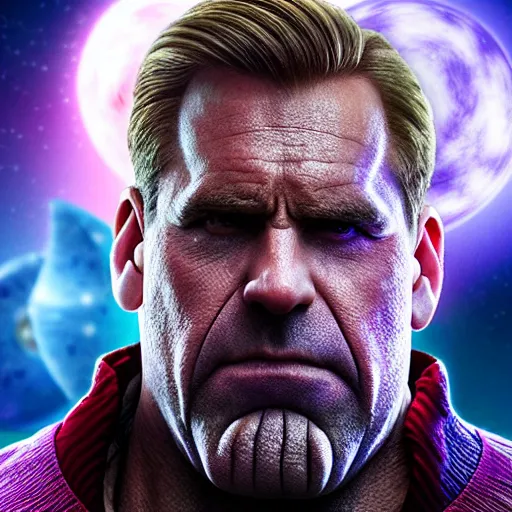 Prompt: steve carell as thanos, photorealistic movie still, detailed, 8 k