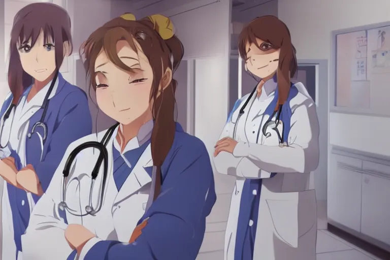 Prompt: a cute young female doctor wearing white coat are doing an operation in a hospital, slice of life anime, cinematic, lighting, 8kHDR, anime scenery by Makoto shinkai