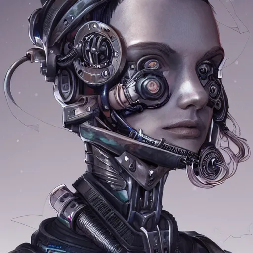 Image similar to lineart, colour, cyborg, portrait, steampunk, hyperdetailed, artstation