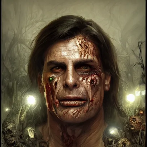 Image similar to ultra realistic illustration, jair bolsonaro as a rotting zombie, emotionless, fantasy, intricate, horror, highly detailed, digital painting, artstation, concept art, sharp focus, illustration, art by artgerm and greg rutkowski and alphonse mucha