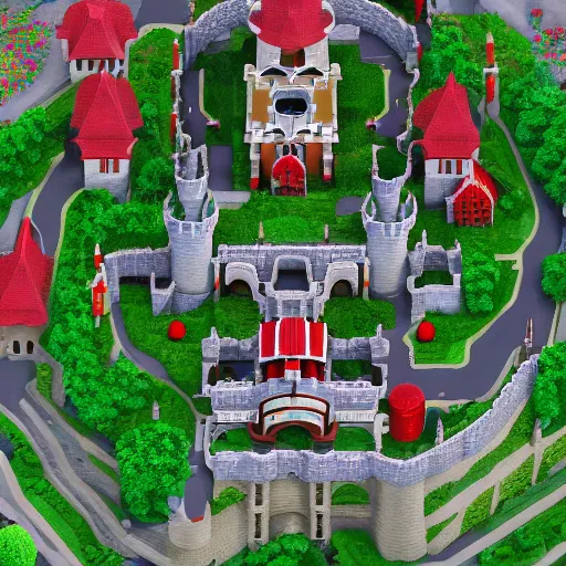 Prompt: Mario 64 castle aerial view in the summer, 4k
