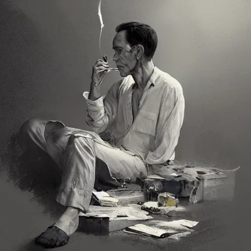 Image similar to a highly detailed epic cinematic concept art CG render digital painting artwork costume design: Henry Fonda as a 1950s tired poet, barefoot, smoking a cigarette. By Greg Rutkowski, Ilya Kuvshinov, WLOP, Stanley Artgerm Lau, Ruan Jia and Fenghua Zhong, trending on ArtStation, subtle muted cinematic colors, made in Maya, Blender and Photoshop, octane render, excellent composition, cinematic atmosphere, dynamic dramatic cinematic lighting, aesthetic, very inspirational, arthouse