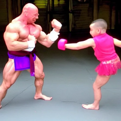 Prompt: a very muscular bald Bodybuilding dwarf is wearing a pink dress. he has a purple chin beard. he is doing karate and is fighting with kids.