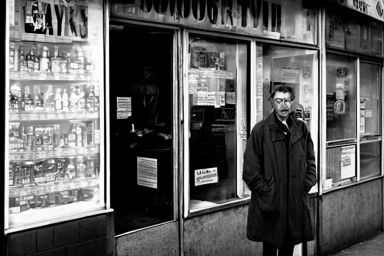 Image similar to a cinematic headshot portrait of an evil scientist, stood outside a corner shop, foggy, colour, detailed, deep focus, movie still, dramatic lighting, by fay godwin